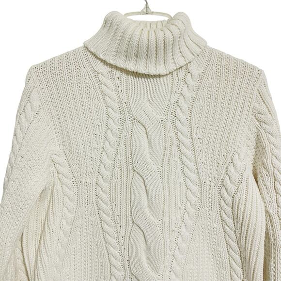 Land's End Cable Knit Fisherman Turtleneck Sweater Size L Ivory Cotton Classic - Picture 2 of 13